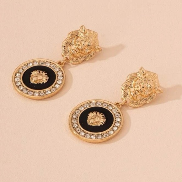90’s Style Glam Gold & Black Lionhead Door Knocker Statement Earrings - Picture 3 of 13
